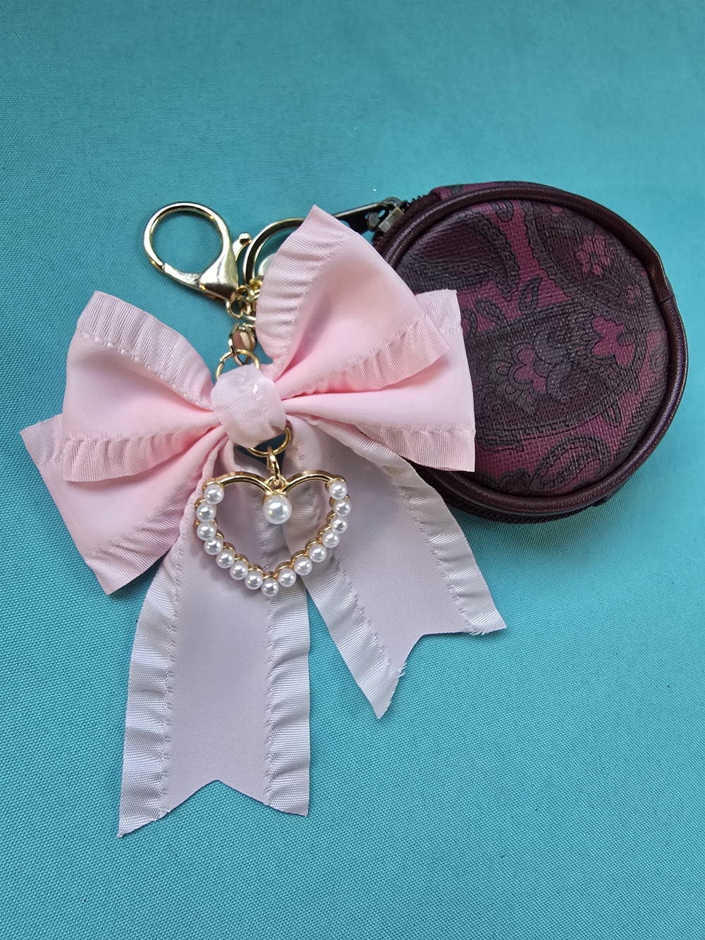 Pink Ribbon Pearl Heart Keychain Charm - Picture 2 of 3
